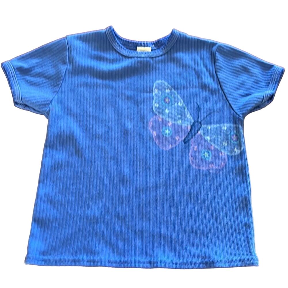 Healthtex Girls Blue Ribbed Knit Top with Butterfly Size 6 Vintage Y2K